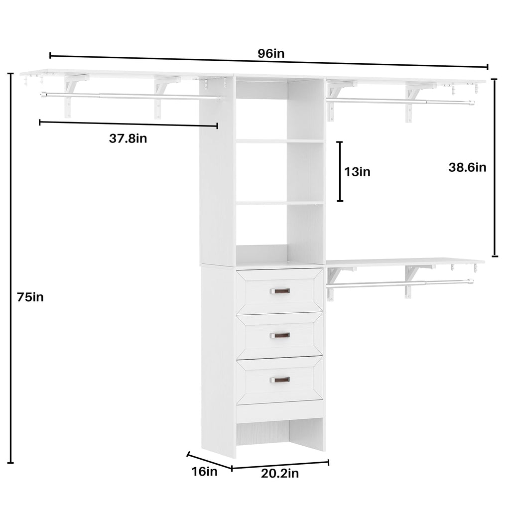 8FT White Wooden Closet System with 3 Drawers and 3 Hanging Rods I7596