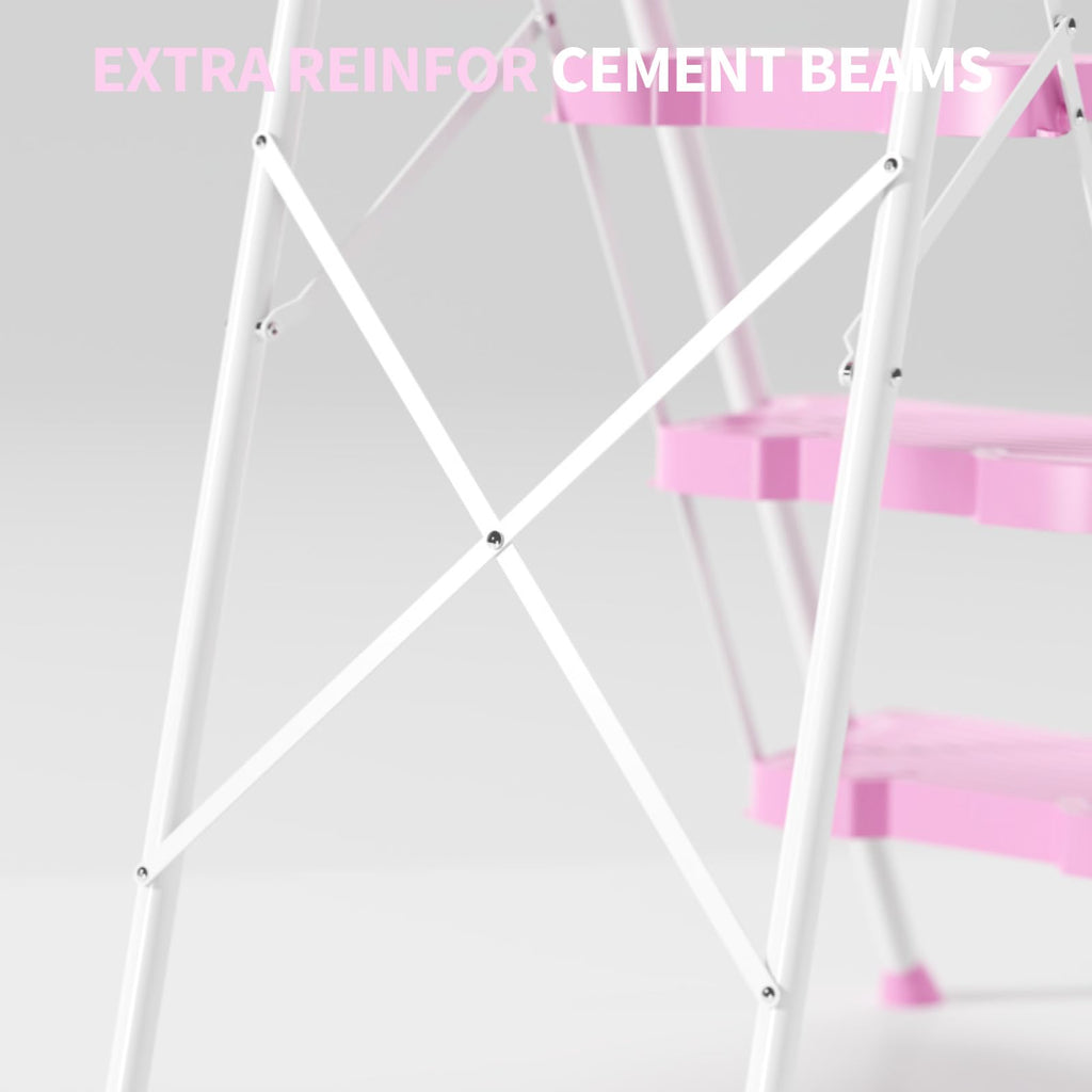 4 Step Pink Foldable Step Stool with Handrail P113869