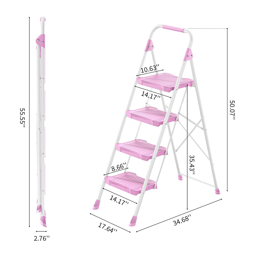 4 Step Pink Foldable Step Stool with Handrail P113869