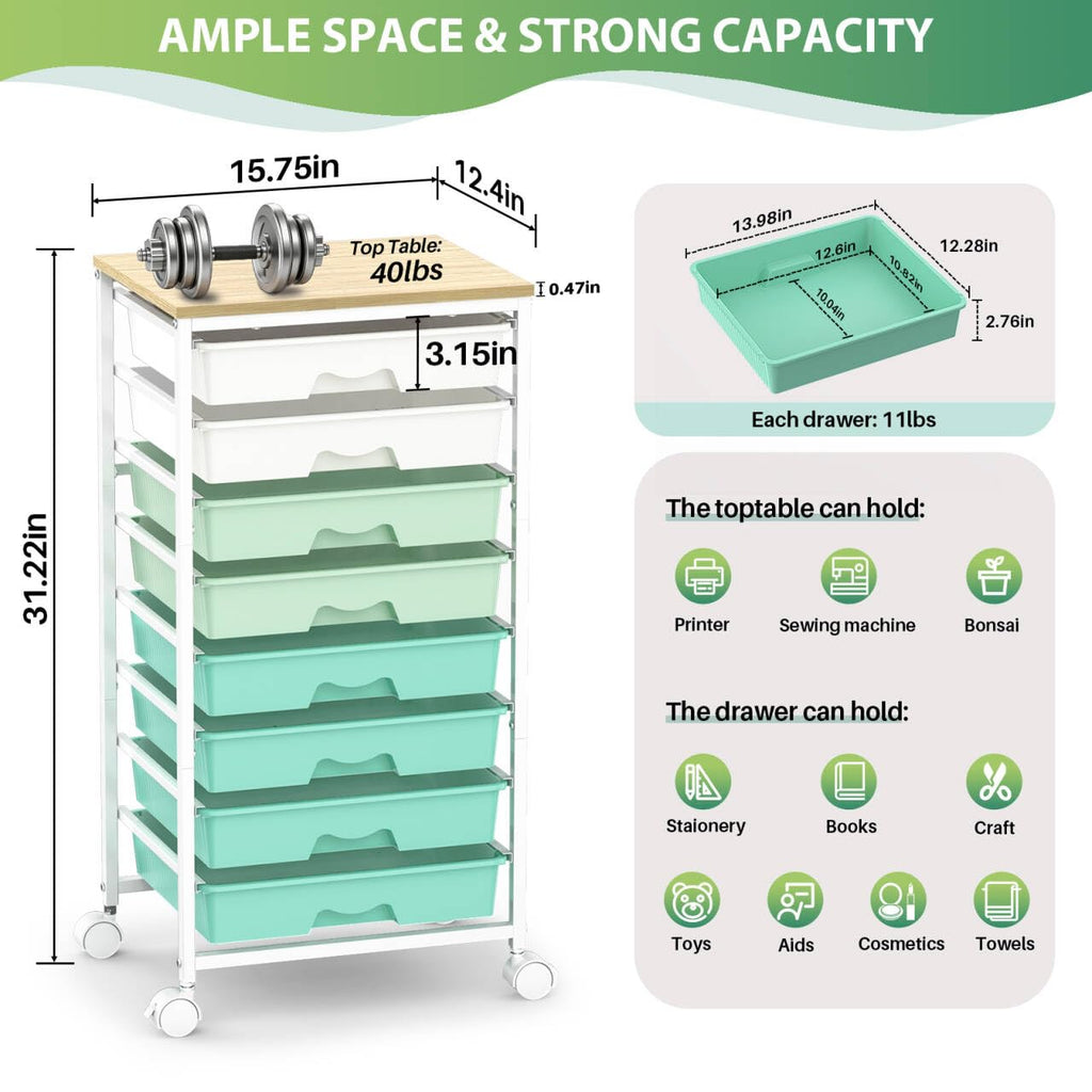 Green Rolling Cart with 8 Drawers L4949