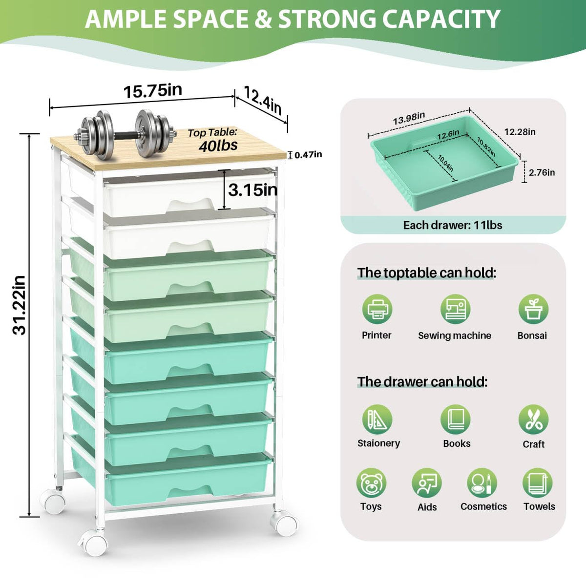 Green Rolling Cart with 8 Drawers L4949