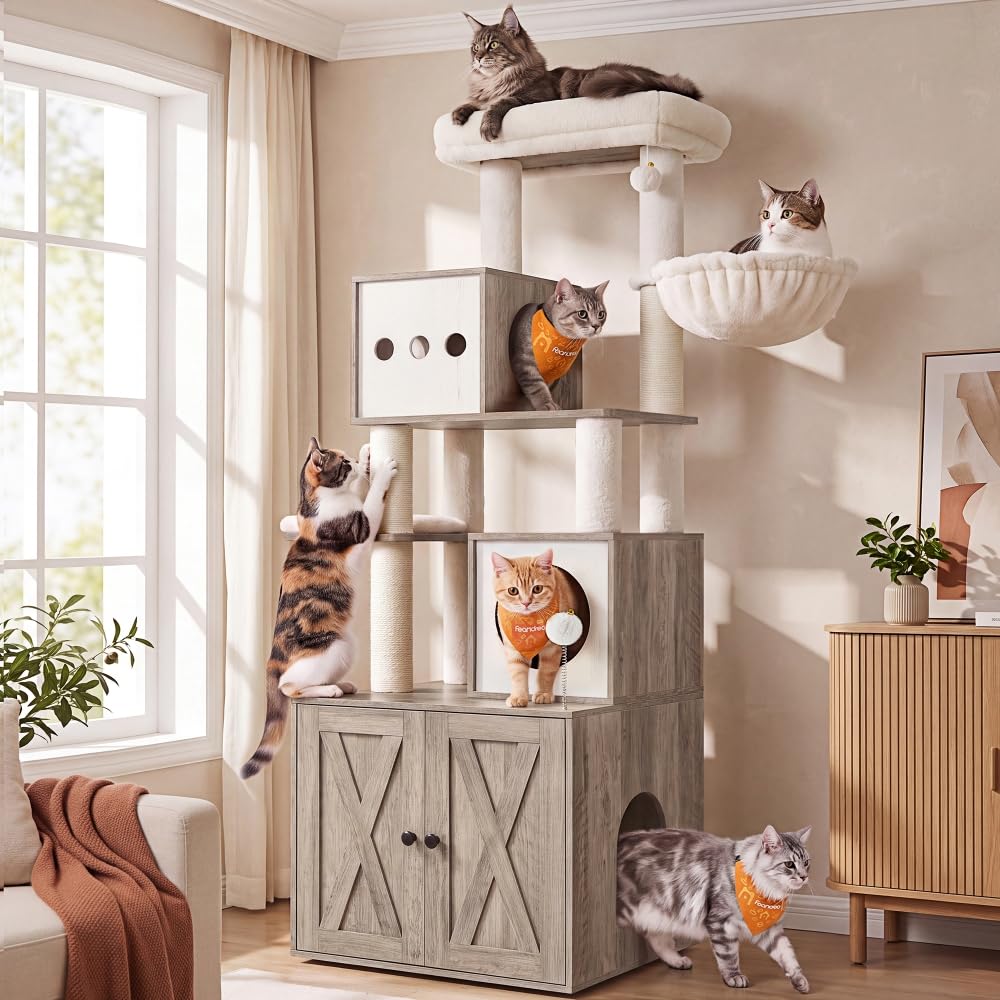 70.1-Inch Tall Cat Tree with Litter Box Enclosure Y64723
