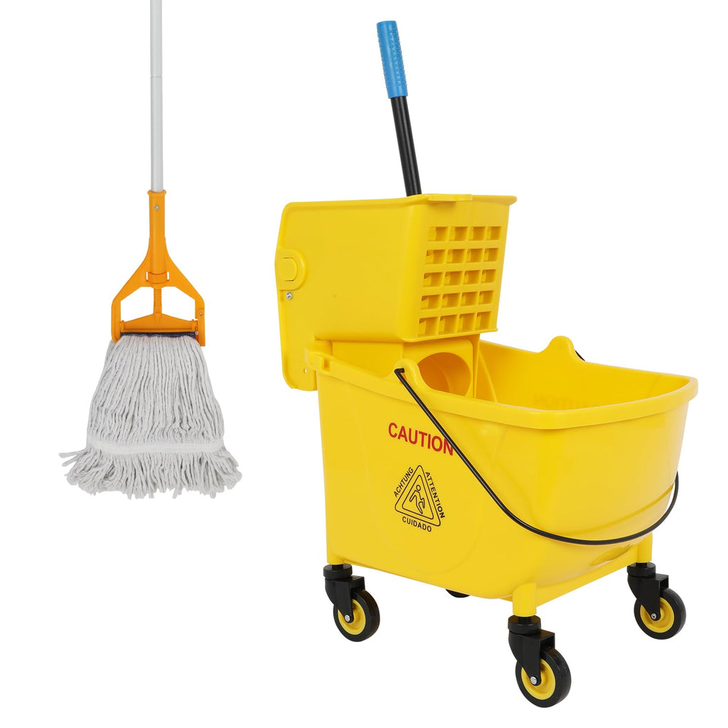 35 Qt Yellow Mop Bucket with Wringer on Wheels and Mops Set Y5154
