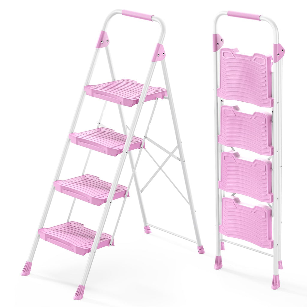 4 Step Pink Foldable Step Stool with Handrail P113869