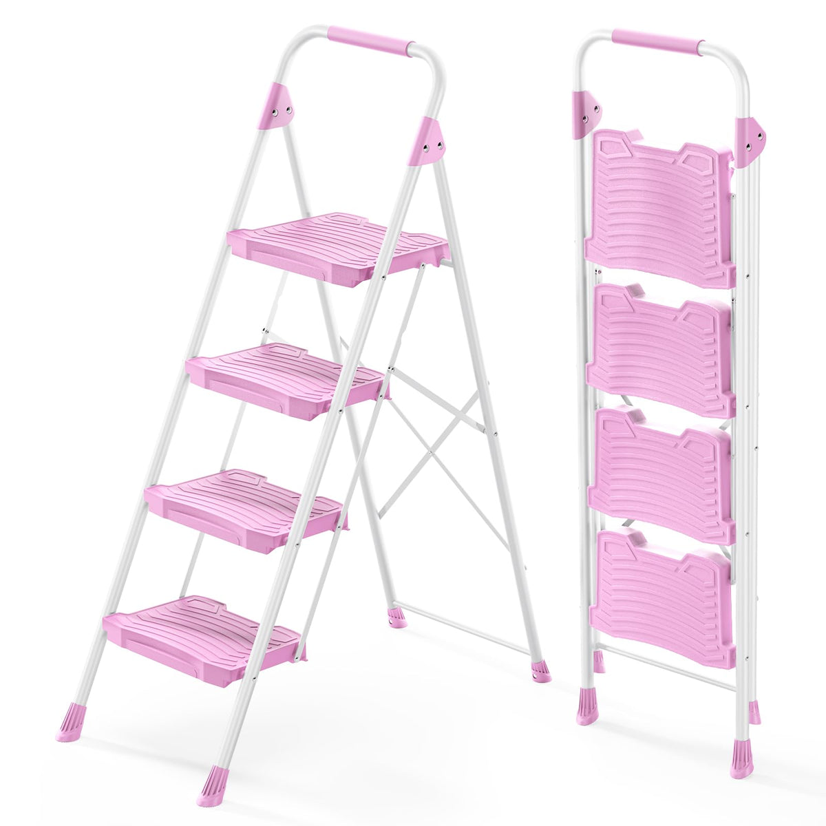 4 Step Pink Foldable Step Stool with Handrail P113869