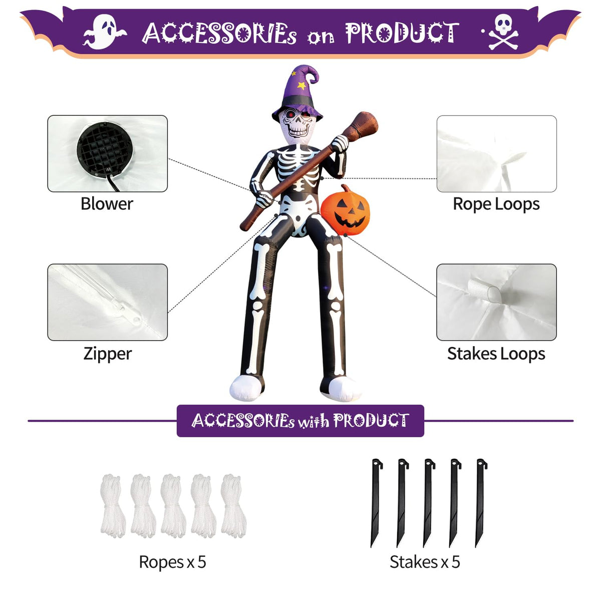 12 FT Halloween Inflatable Skeleton Wizard with Broom & Pumpkin K231893