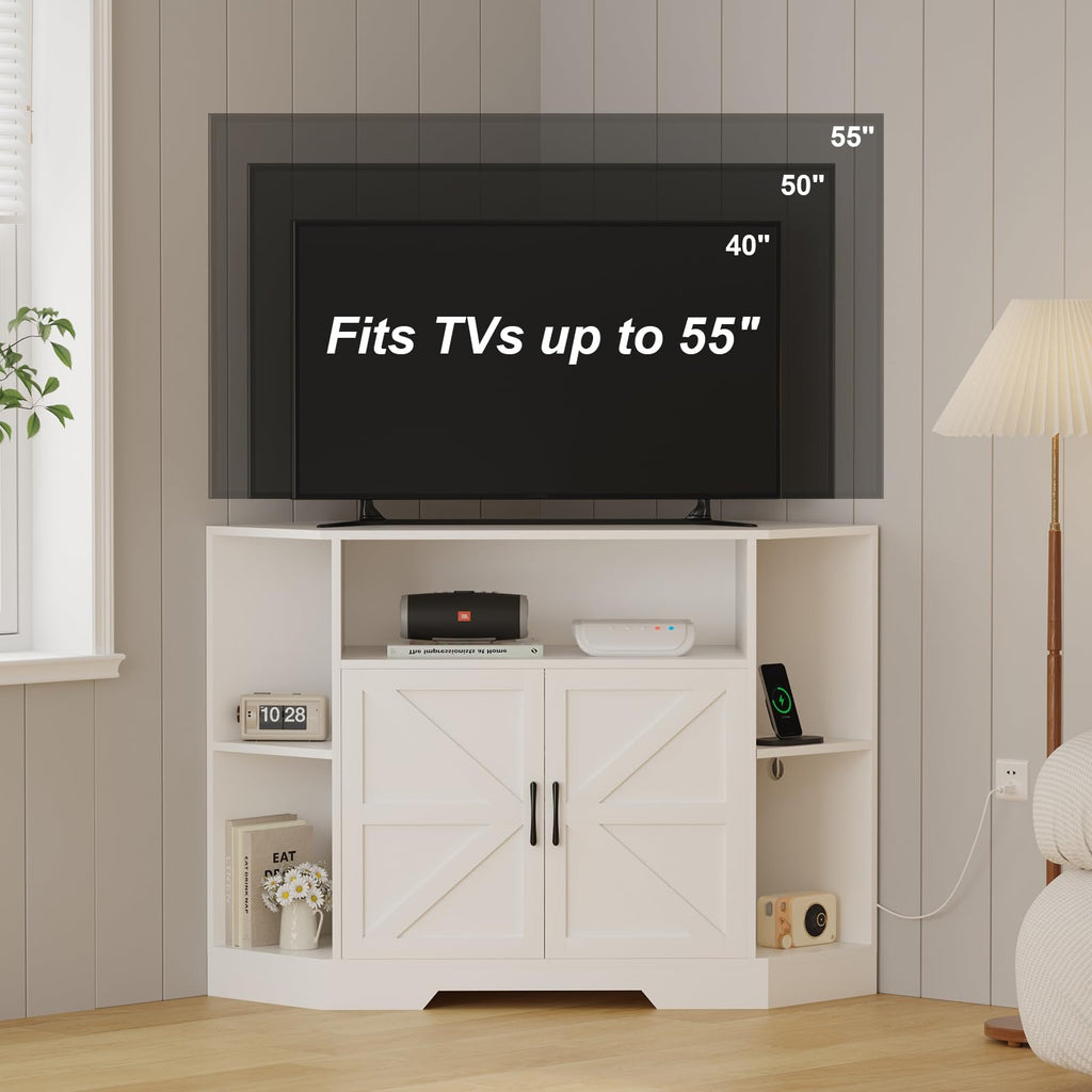 Corner TV Stand with Power Outlet & Barn Doors H26981