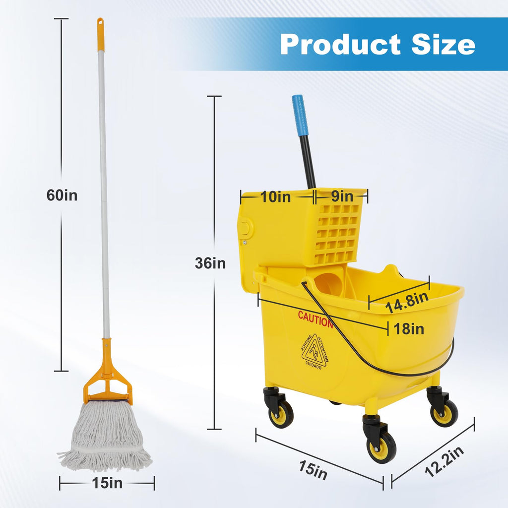 35 Qt Yellow Mop Bucket with Wringer on Wheels and Mops Set Y5154