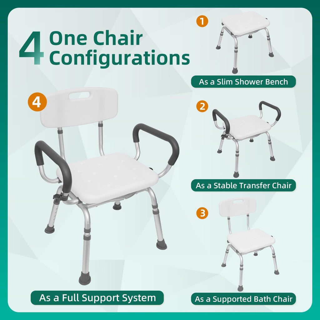 Swivel Shower Chair with Arms & Back, Heavy Duty Non-Slip Rotating Shower Bench Seat V770