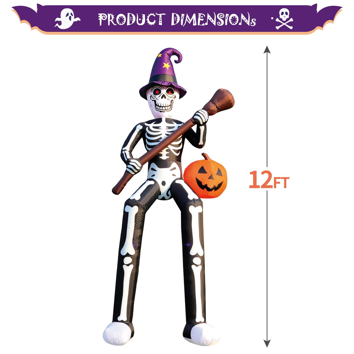 12 FT Halloween Inflatable Skeleton Wizard with Broom & Pumpkin K231893