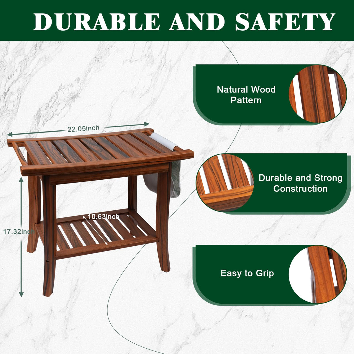 Teak Wood Shower Bench 22"×13"×19" R105792