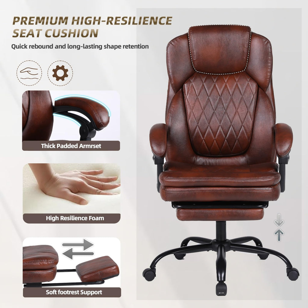 Big and Tall Brown PU Leather Reclining Office Chair with Foot Rest M115408