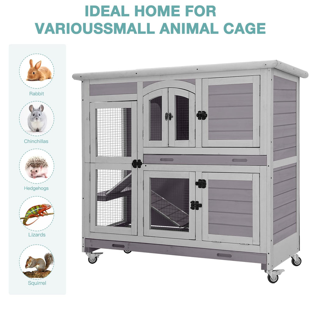 2-Tier Wooden Small Animal Cage with Trays, Wheels & Ramp L46675
