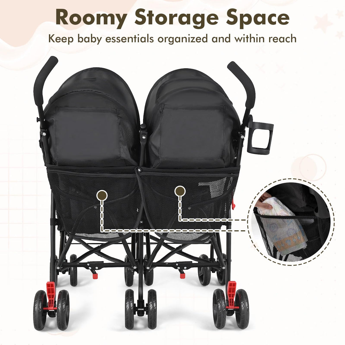 Lightweight Double Umbrella Stroller with Cup Holder and Adjustable Canopy J976