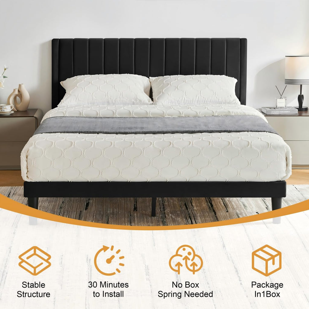 Queen Size Velvet Upholstered Platform Bed Frame O24214