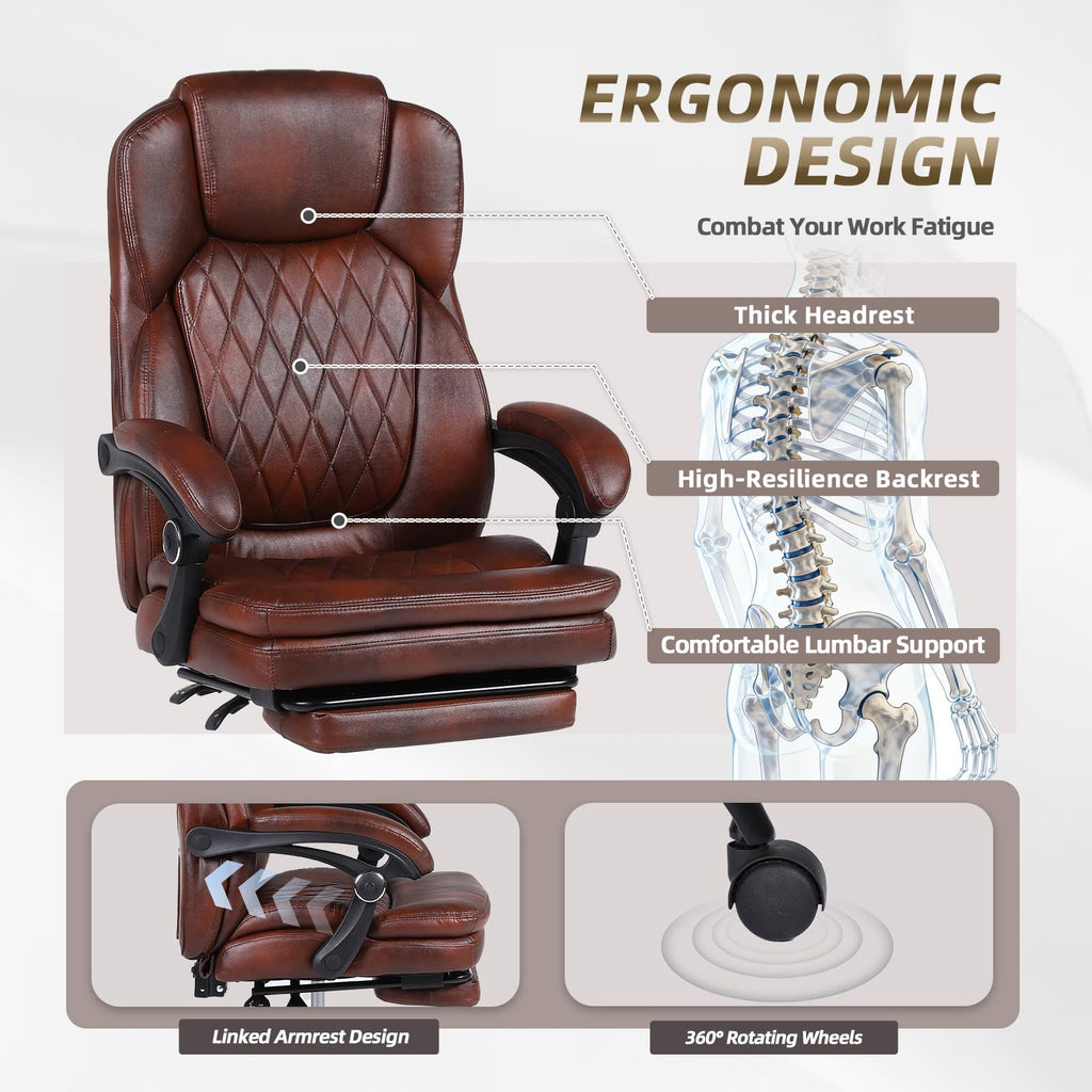 Big and Tall Brown PU Leather Reclining Office Chair with Foot Rest M115408