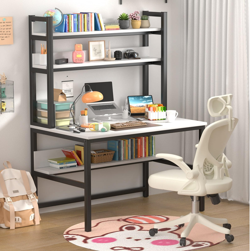 White Computer Desk with Hutch and Shelves L227