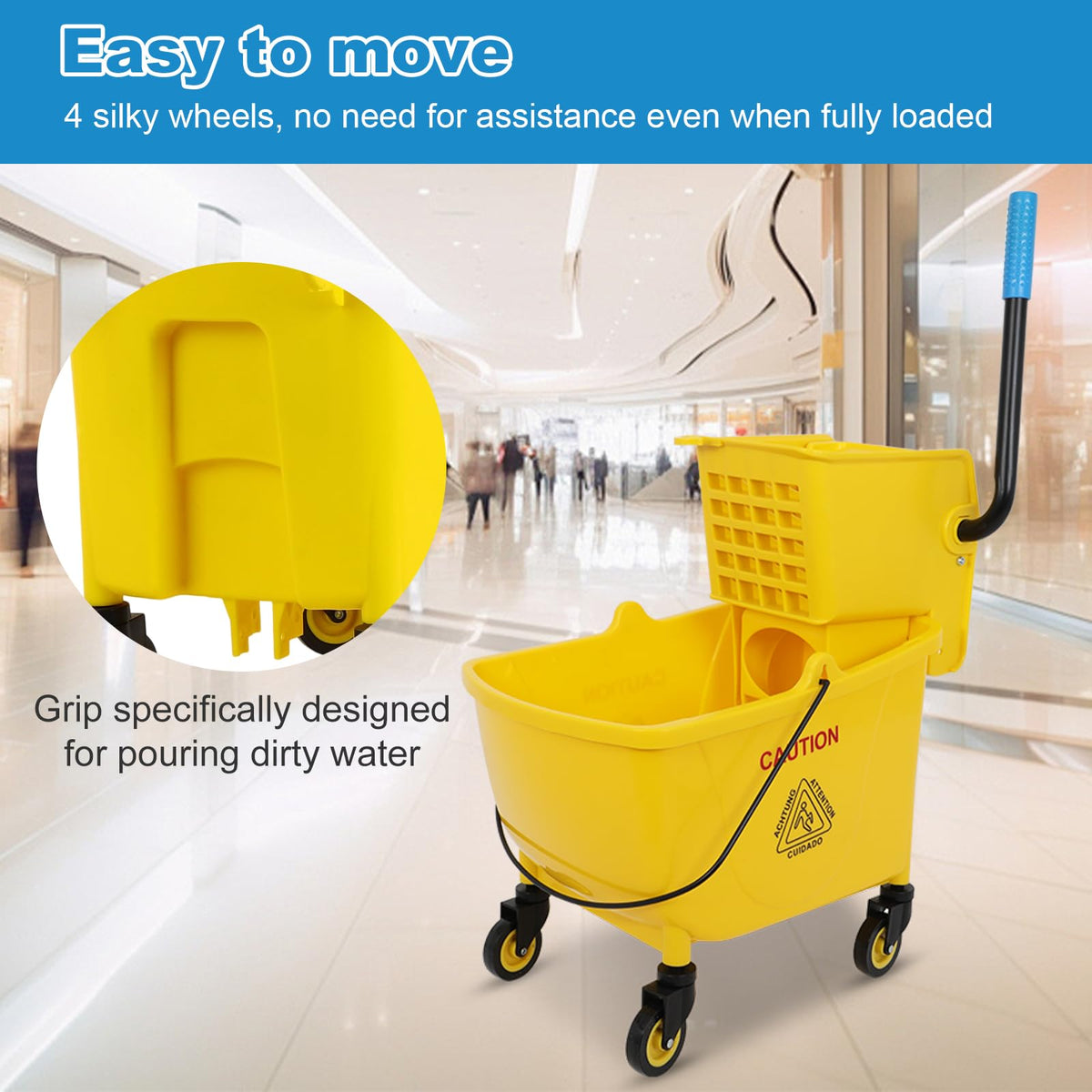35 Qt Yellow Mop Bucket with Wringer on Wheels and Mops Set Y5154