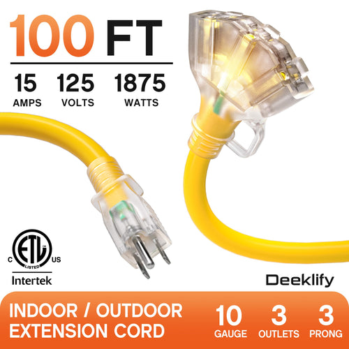 100FT 10 Gauge Extension Cord with Multiple Outlets Yellow Y7181