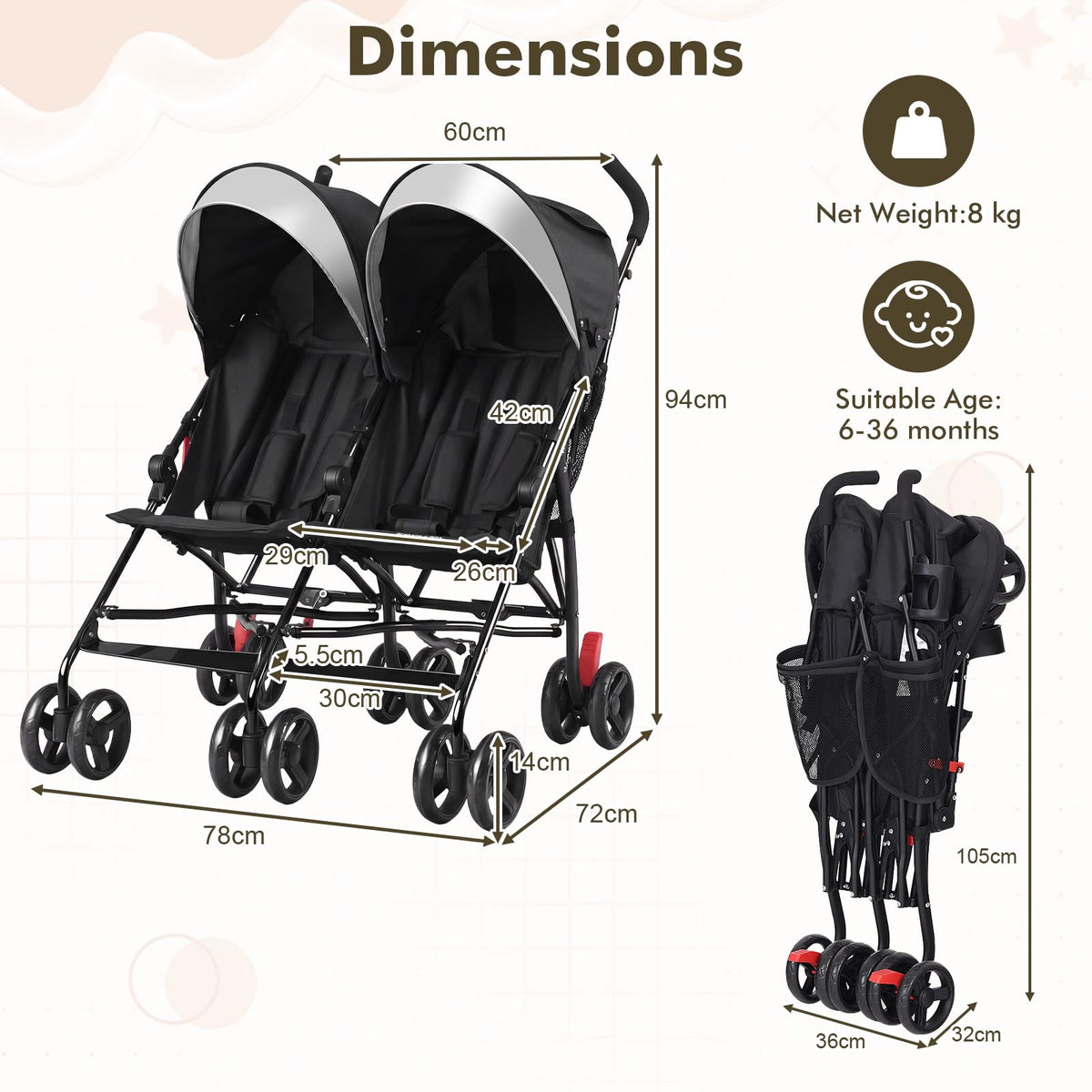Lightweight Double Umbrella Stroller with Cup Holder and Adjustable Canopy J976