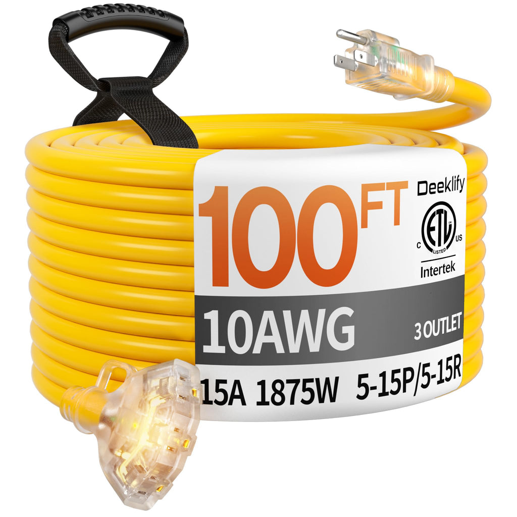 100FT 10 Gauge Extension Cord with Multiple Outlets Yellow Y7181