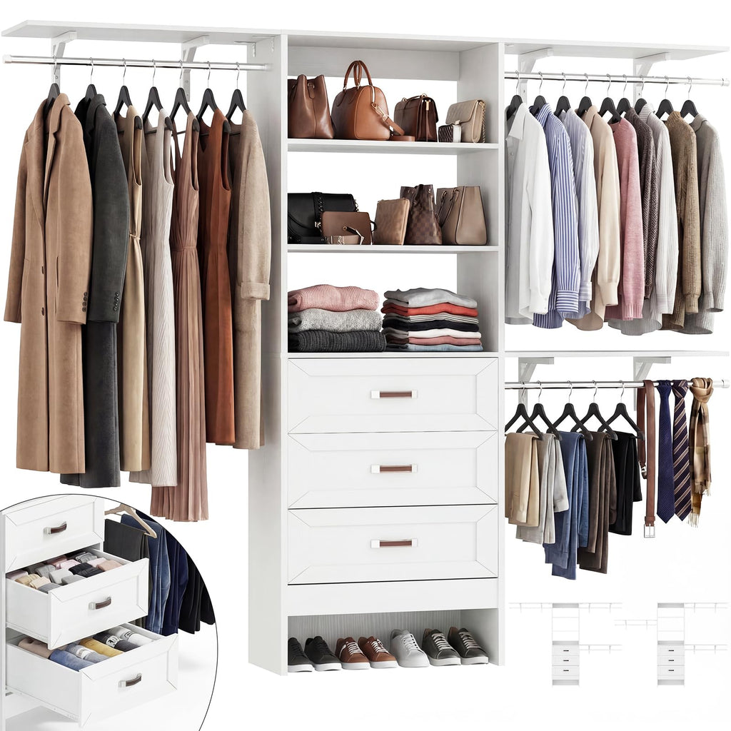 8FT White Wooden Closet System with 3 Drawers and 3 Hanging Rods I7596