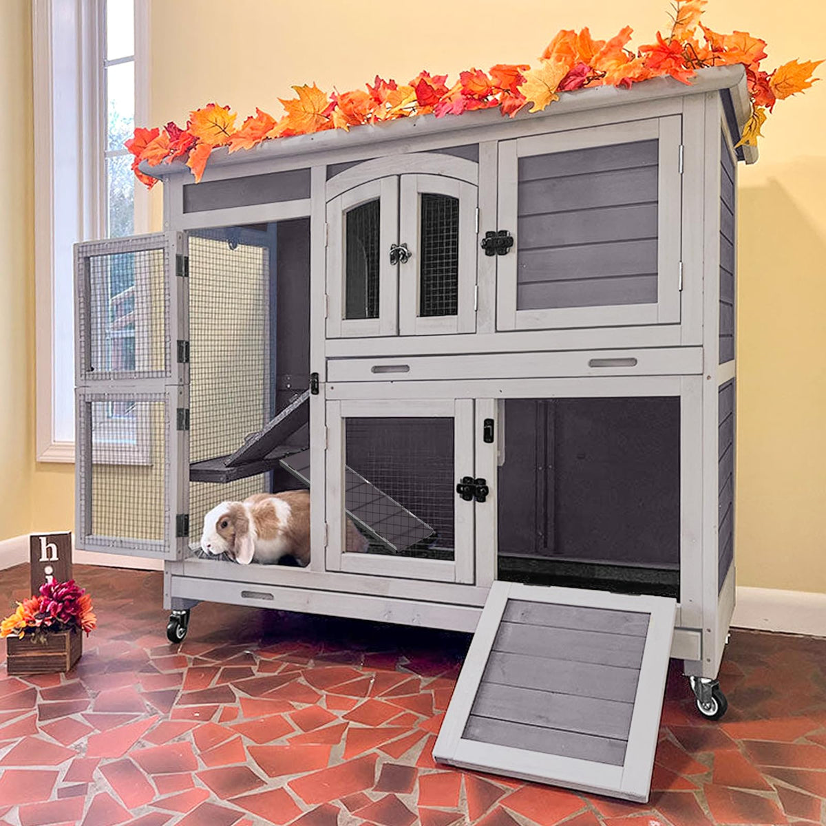 2-Tier Wooden Small Animal Cage with Trays, Wheels & Ramp L46675