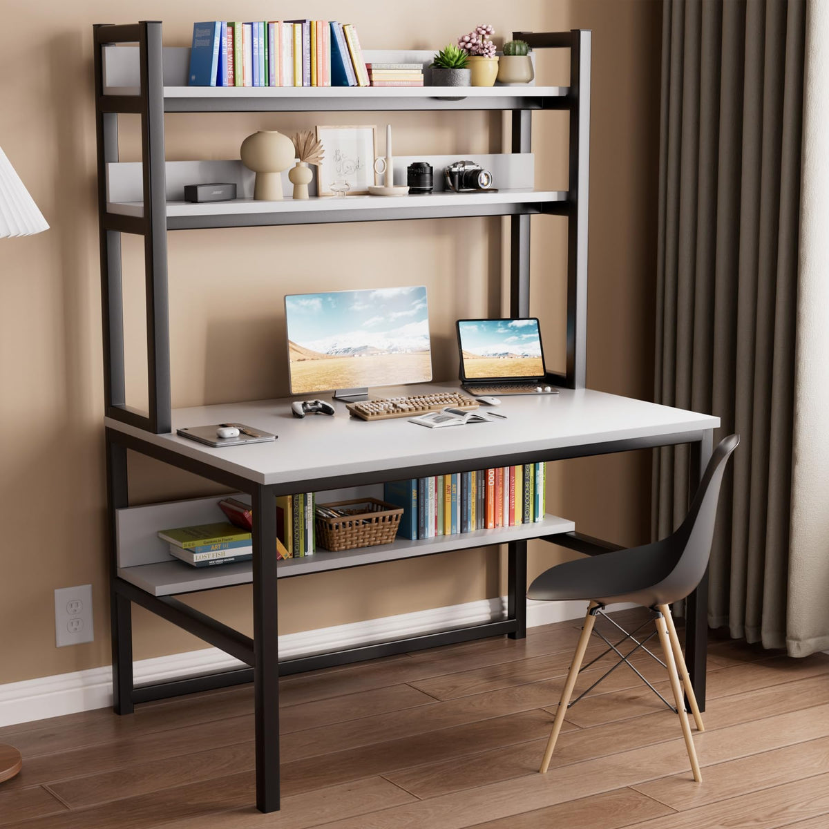 White Computer Desk with Hutch and Shelves L227
