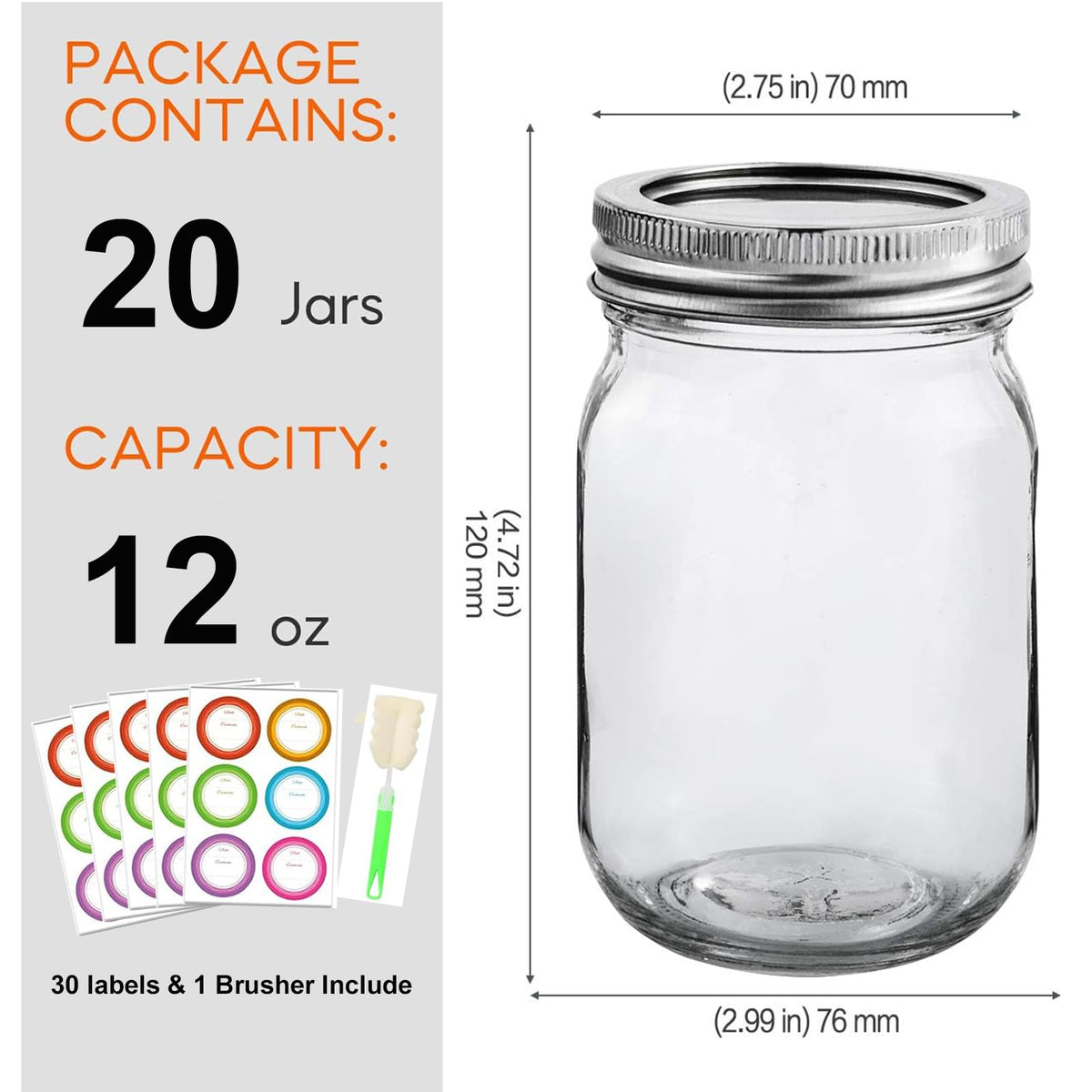 20 Pack 12oz Glass Mason Jars with Lids and Bands J33435