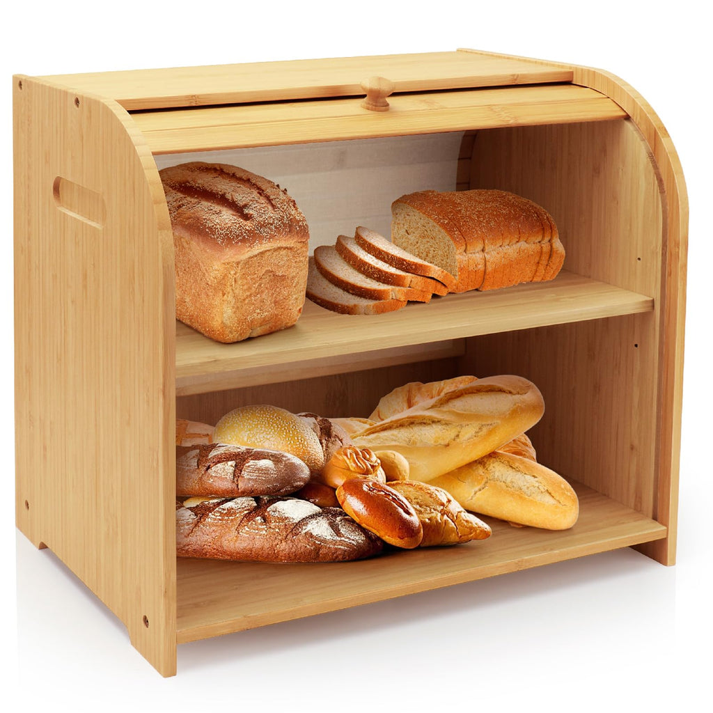 Bamboo 2-Tier Roll-Top Bread Box Q569