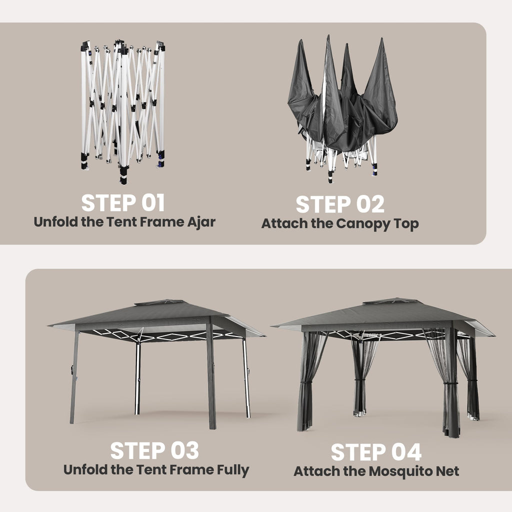 13x13 Pop Up Gazebo Tent with Mosquito Netting Grey D951