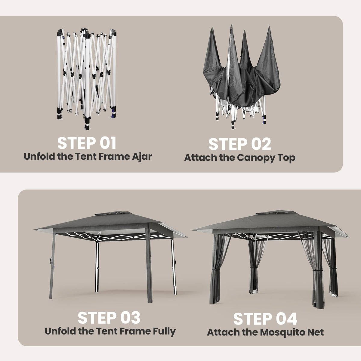 13x13 Pop Up Gazebo Tent with Mosquito Netting Grey D951