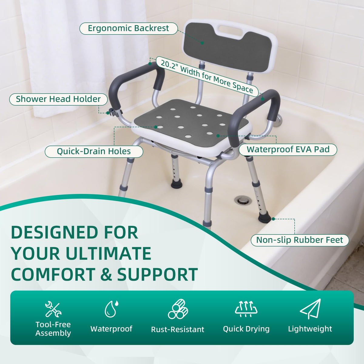 Swivel Shower Chair with Arms & Back, Heavy Duty Non-Slip Rotating Shower Bench Seat V770
