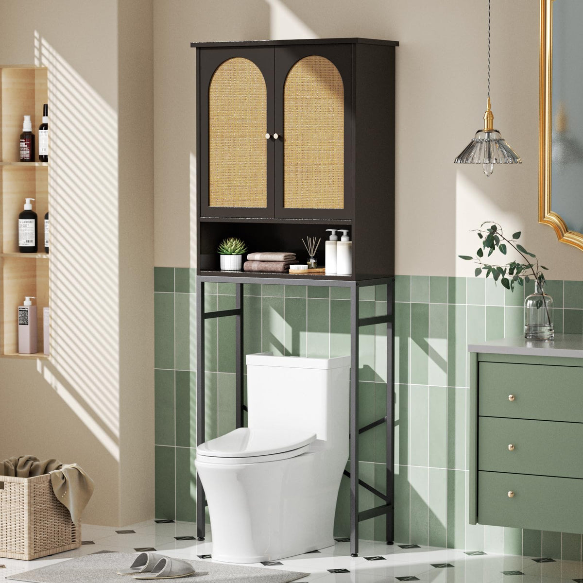 Rattan Wood Toilet Storage Cabinet with Metal Stand D627