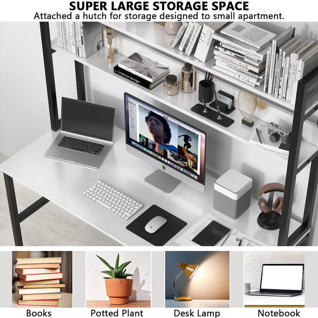 White Computer Desk with Hutch and Shelves L227