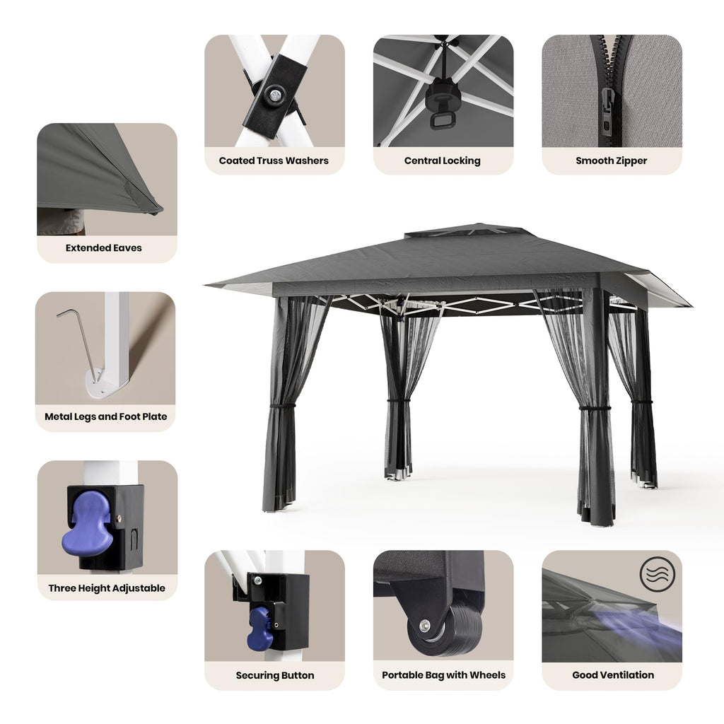 13x13 Pop Up Gazebo Tent with Mosquito Netting Grey D951
