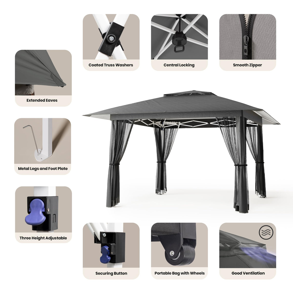 13x13 Pop Up Gazebo Tent with Mosquito Netting Grey D951