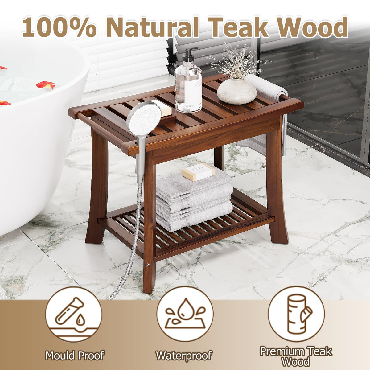 23.6 Inch Teak Shower Bench with Storage Shelf V5245