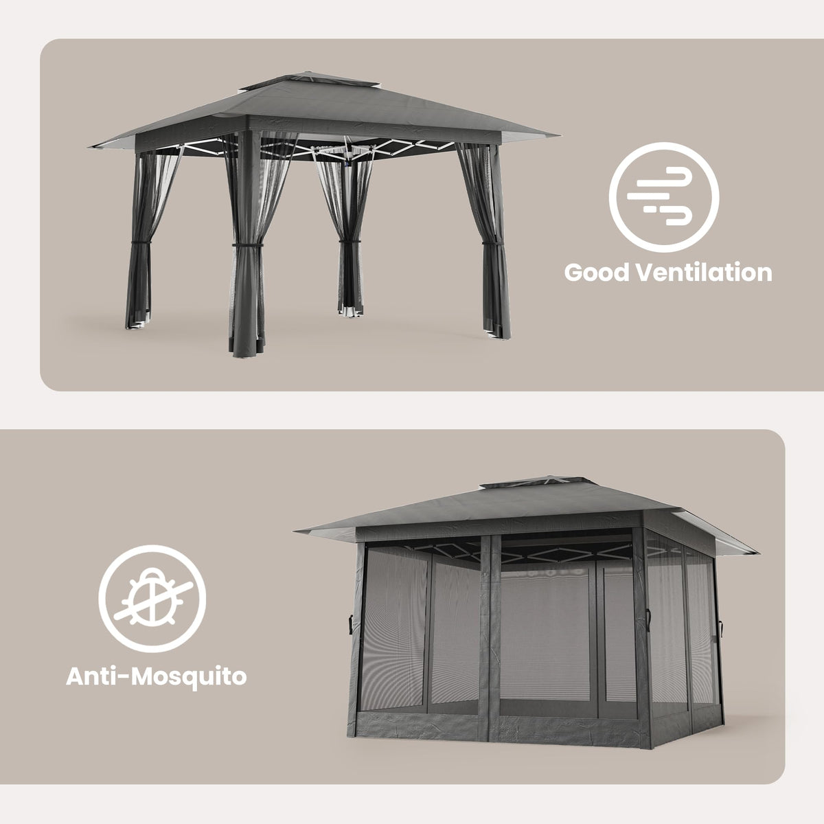 13x13 Pop Up Gazebo Tent with Mosquito Netting Grey D951