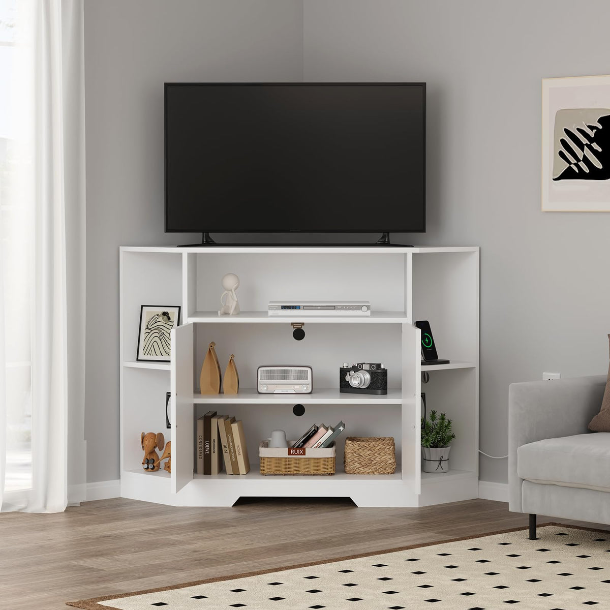 Corner TV Stand with Power Outlet & Barn Doors H26981