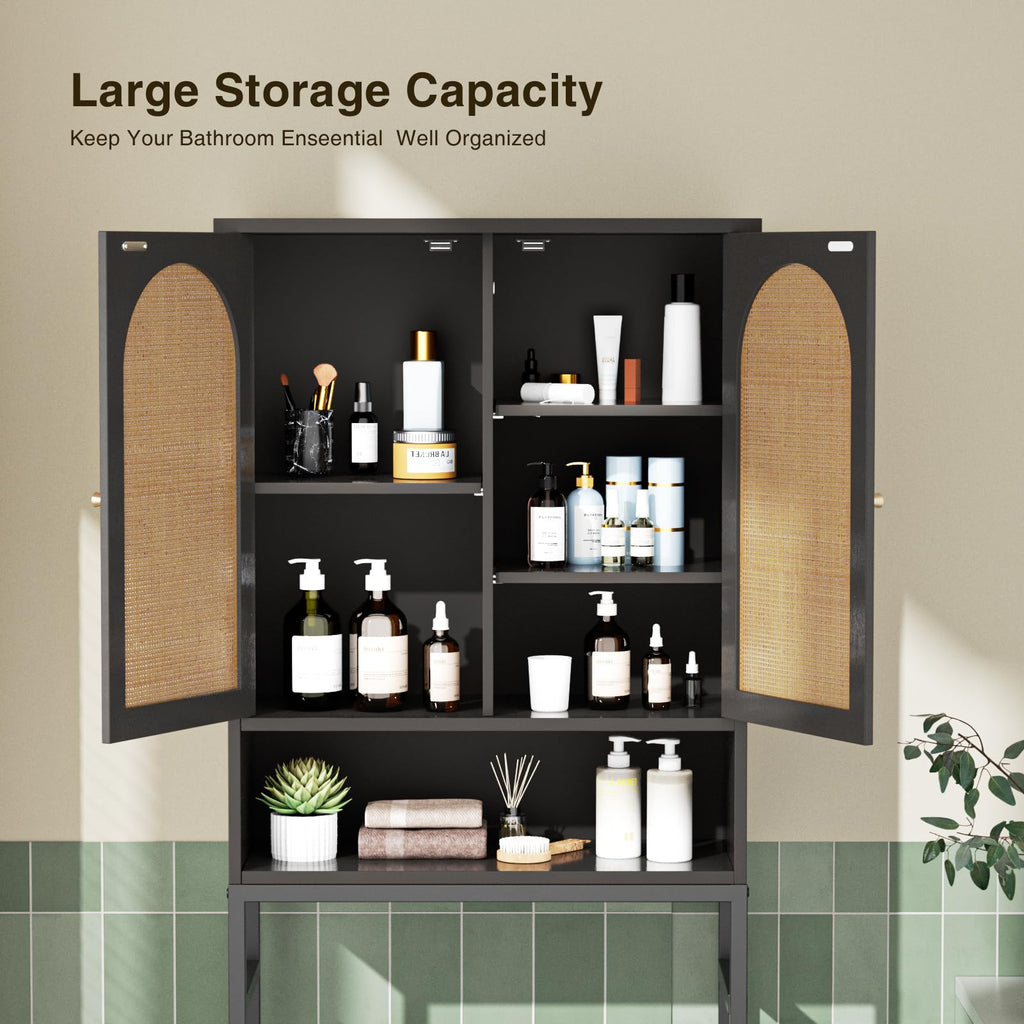 Rattan Wood Toilet Storage Cabinet with Metal Stand D627