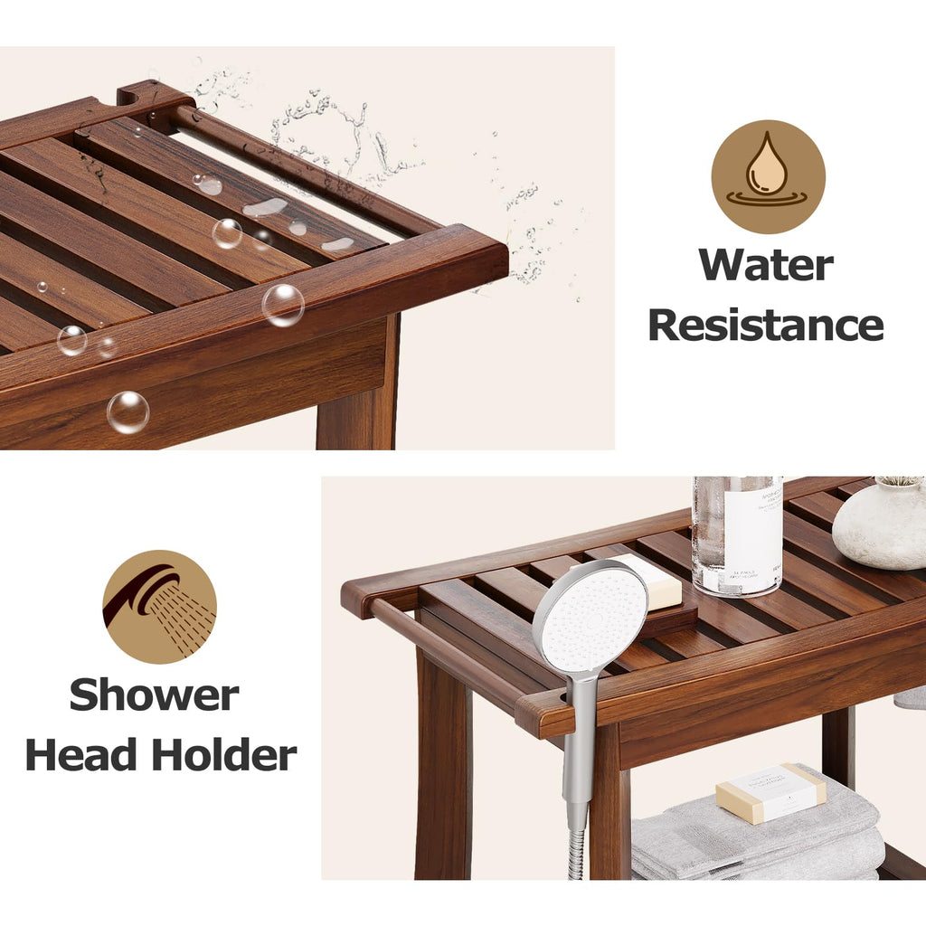 23.6 Inch Teak Shower Bench with Storage Shelf V5245