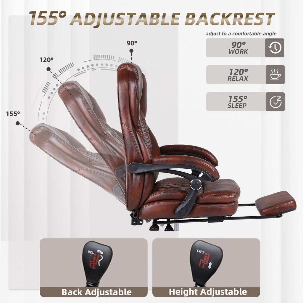 Big and Tall Brown PU Leather Reclining Office Chair with Foot Rest M115408