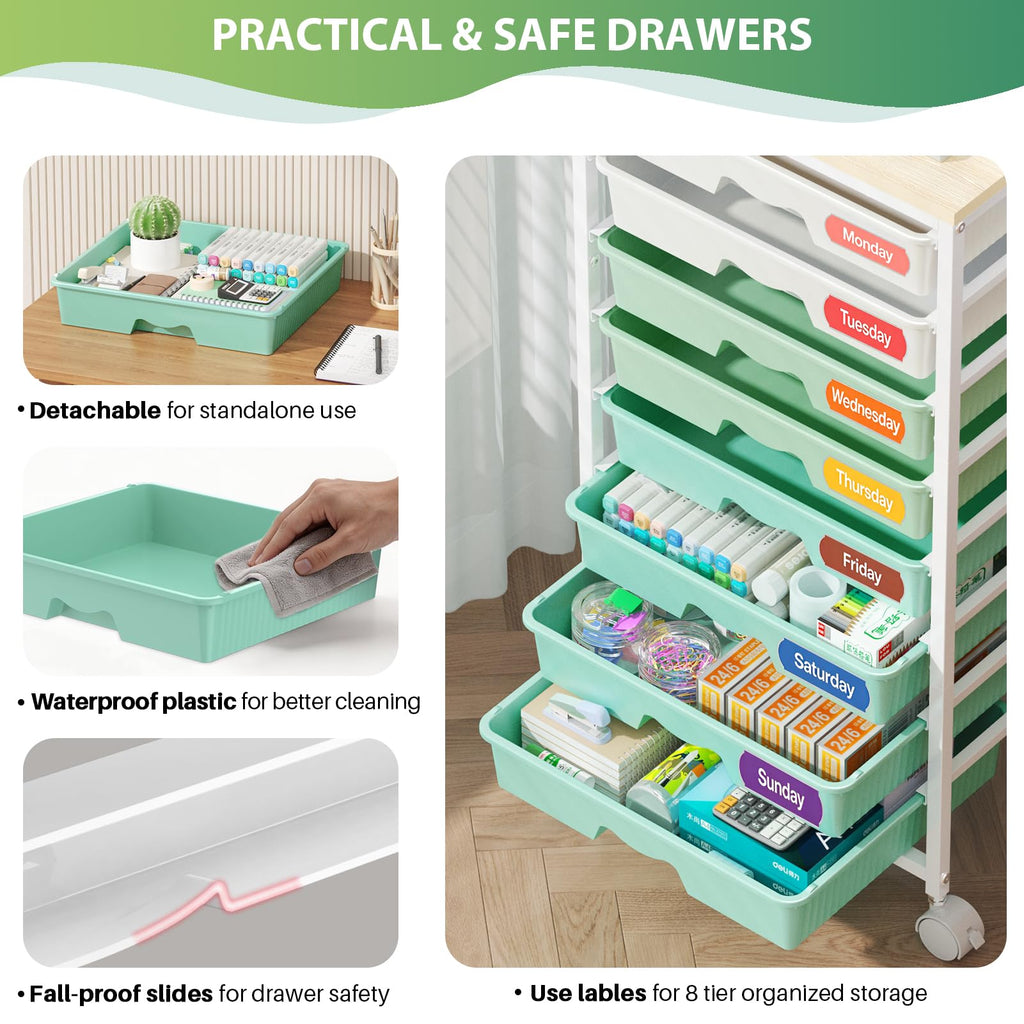 Green Rolling Cart with 8 Drawers L4949