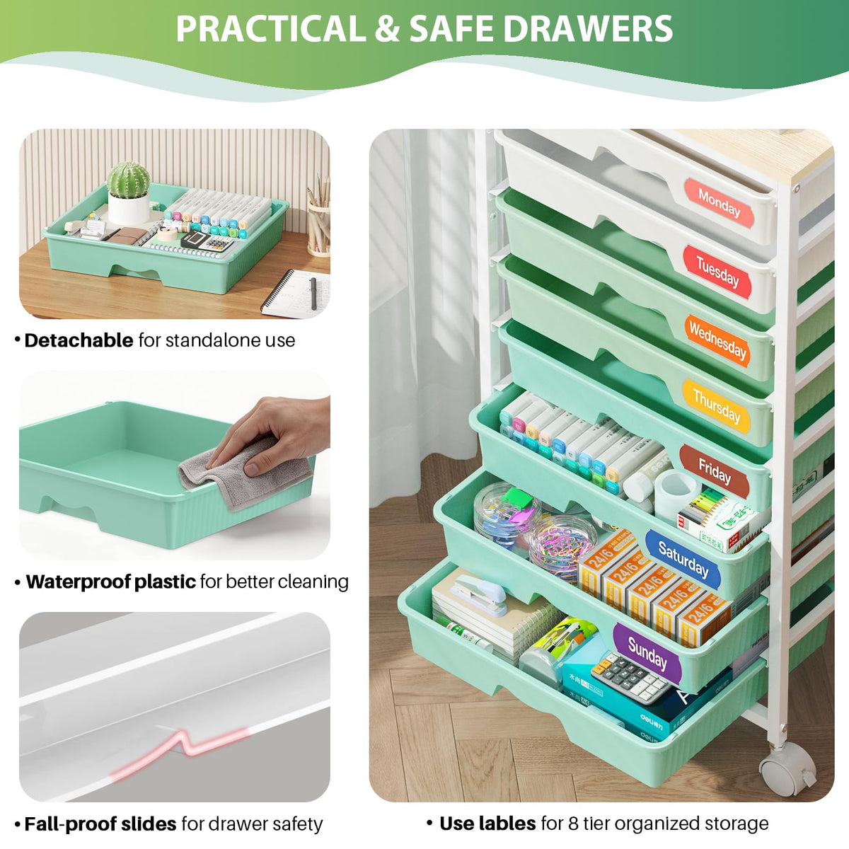 Green Rolling Cart with 8 Drawers L4949