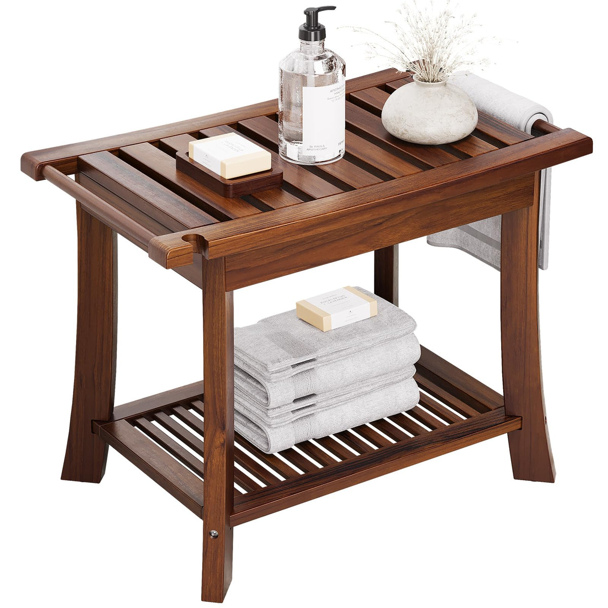 23.6 Inch Teak Shower Bench with Storage Shelf V5245
