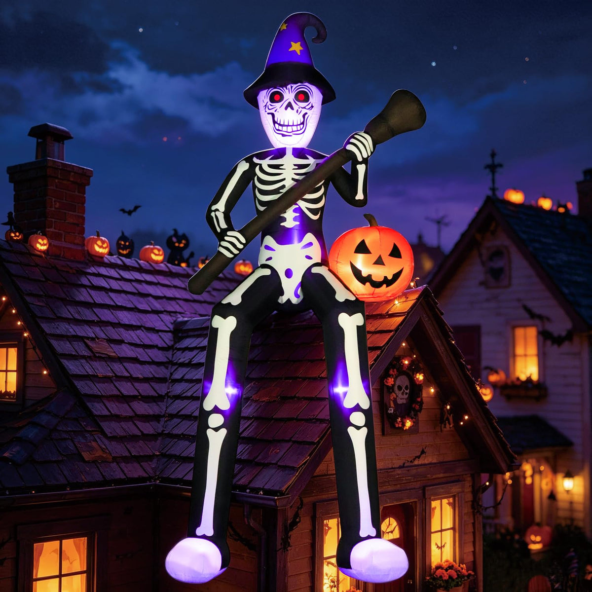 12 FT Halloween Inflatable Skeleton Wizard with Broom & Pumpkin K231893