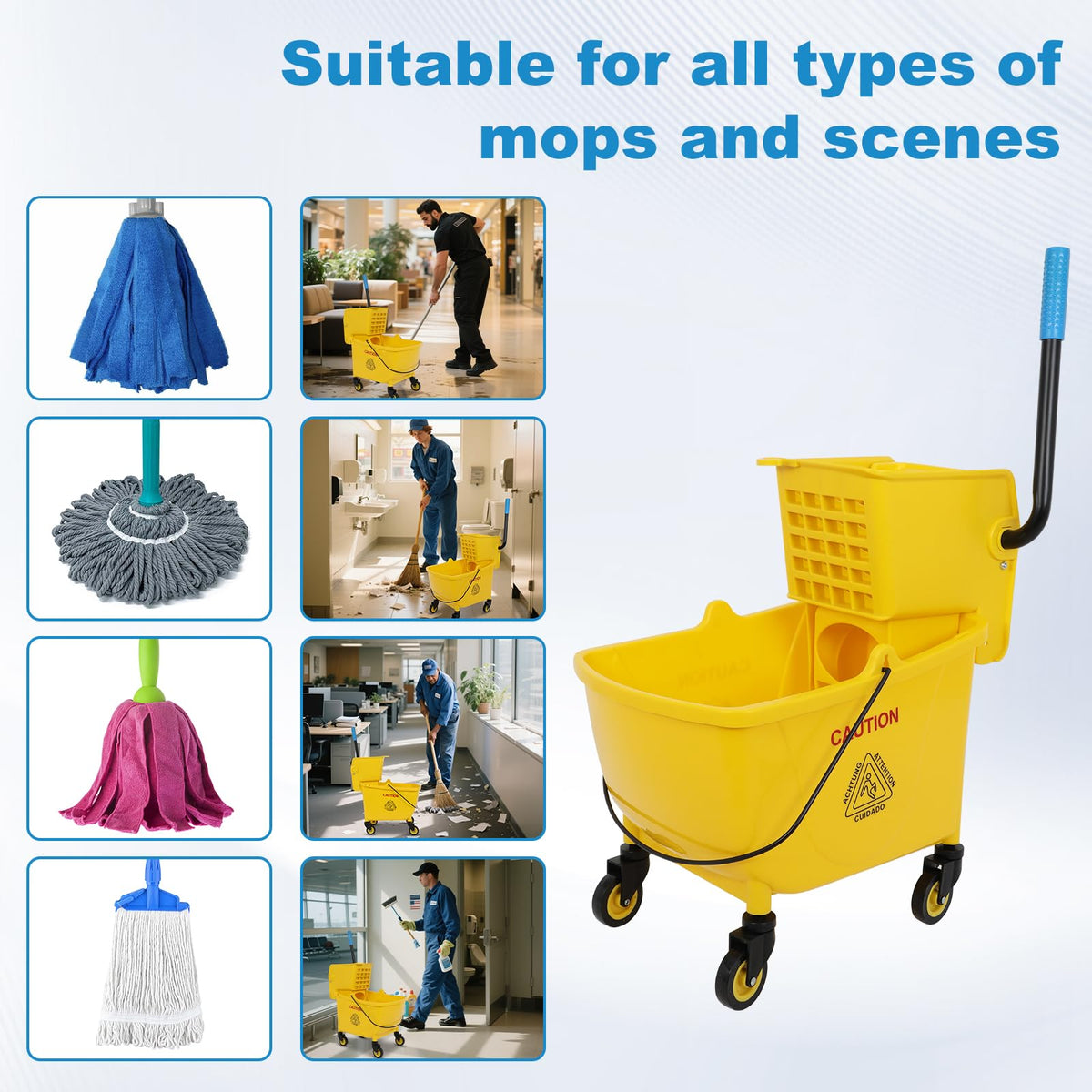 35 Qt Yellow Mop Bucket with Wringer on Wheels and Mops Set Y5154