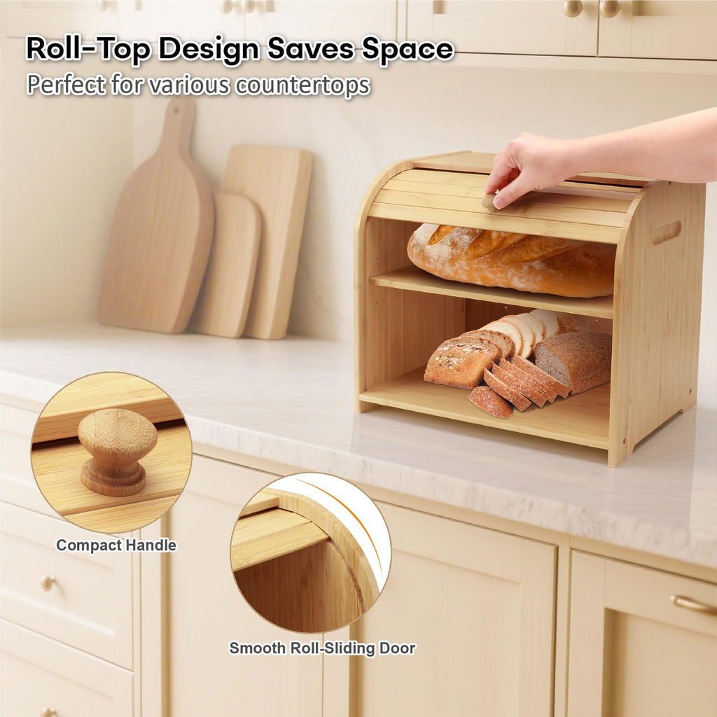 Bamboo 2-Tier Roll-Top Bread Box Q569