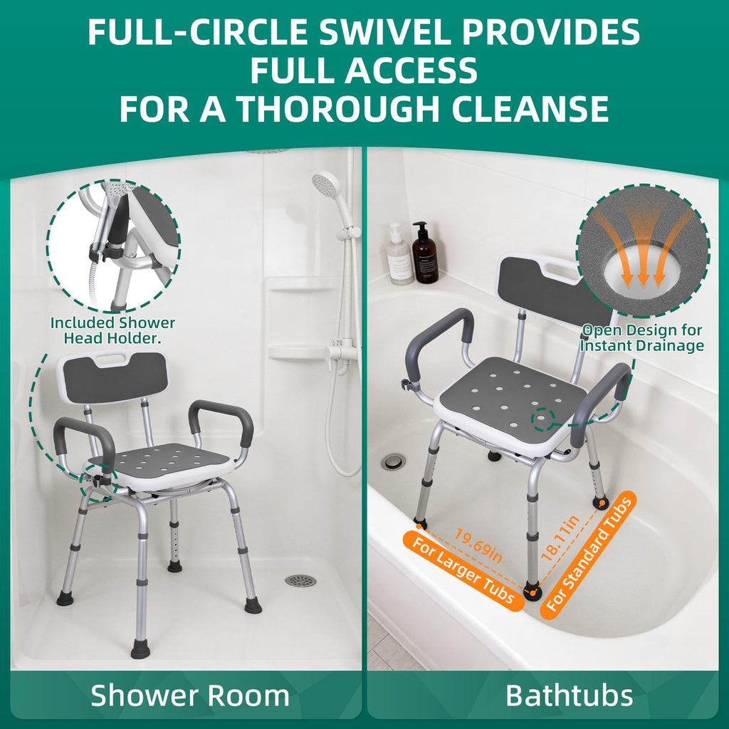 Swivel Shower Chair with Arms & Back, Heavy Duty Non-Slip Rotating Shower Bench Seat V770